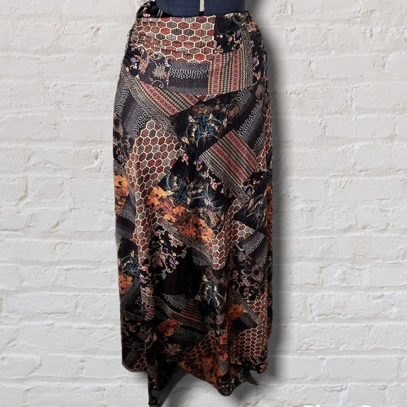 Mely Multicolor Earthtone Patchwork Print Flowy High Fold Over Waisr Maxi Skirt - Picture 1 of 7